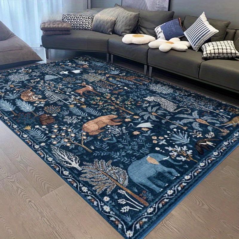 Verzauberter Wald Blaue Bereichsmatte, Rutschfest & Maschinenwaschbar, Märchenhaftes Design mit Tieren & Pflanzen, Bereichsteppiche Wohnzimmer