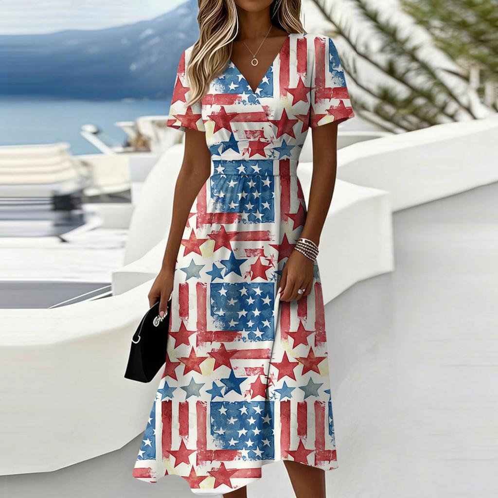 Women's Fashionable V Neck Short Sleeved Independent Day Print Casual Dress