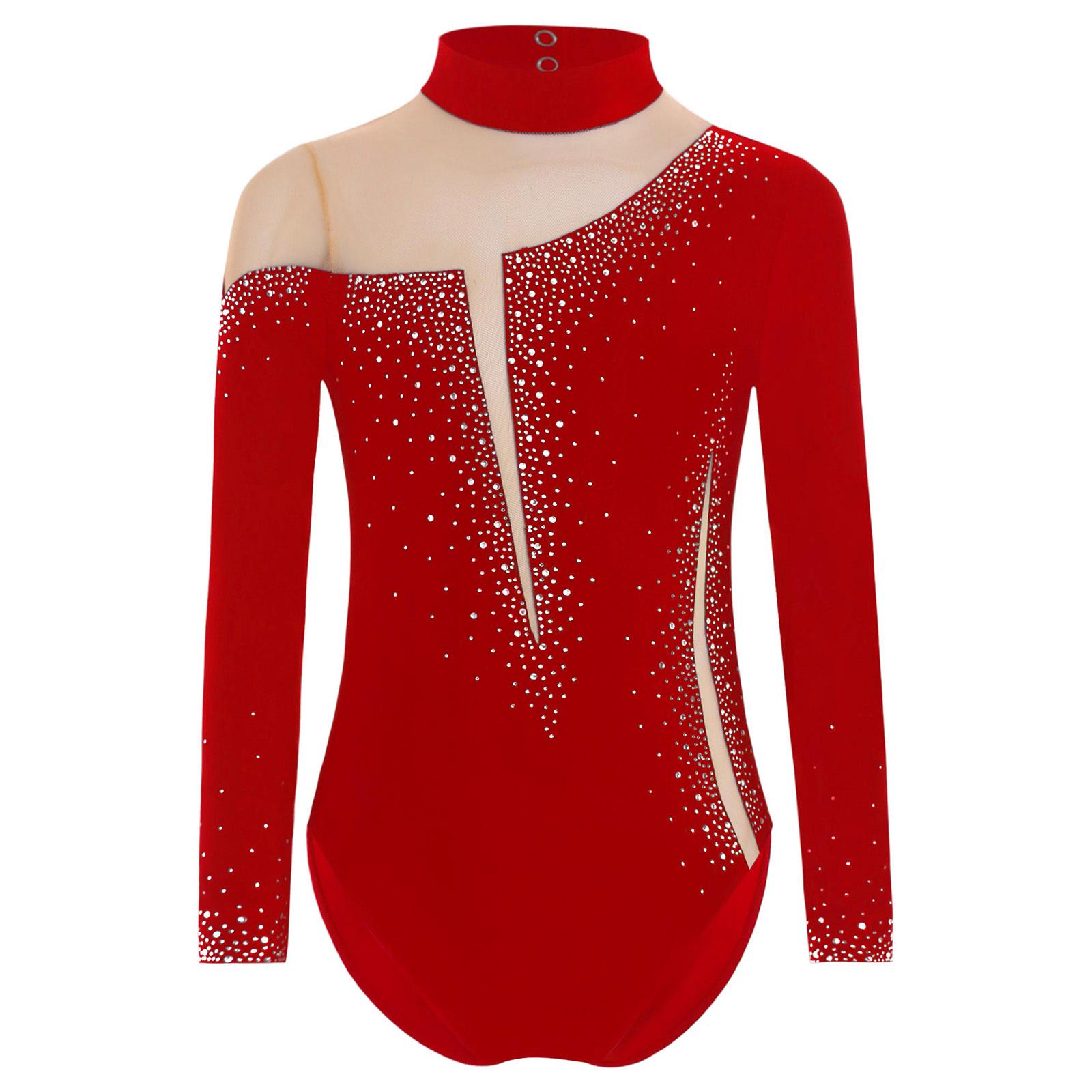 

Дівчата блискучі стрази гімнастика купальник з довгим рукавом замкова щілина назад сітка печворк танцювальний костюм 9-10 Years