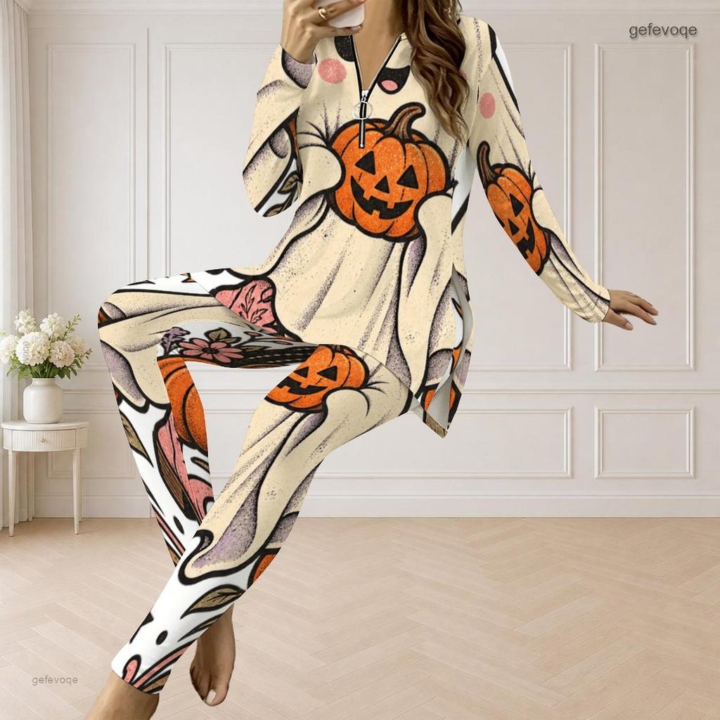Women Plus Size Halloween Printed Half Zip Long Sleeve Longline Top And Fitted Pants Two Piece Set