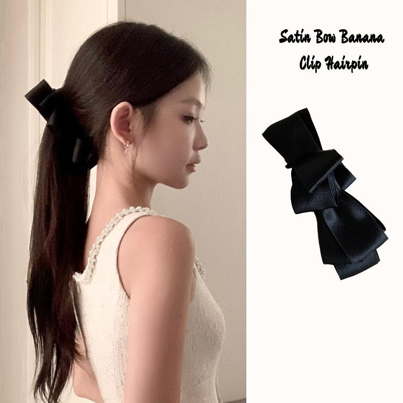 High Ponytail Vertical Clip Hair Claw High-end Hair Accessories For Women Retro Satin Bow Banana Clip Hairpin Back Of The Head