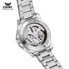 OPK Men's Luminous Waterproof Mechanical Watch Hollowed out See through Dial Stainless Steel Strap 6100