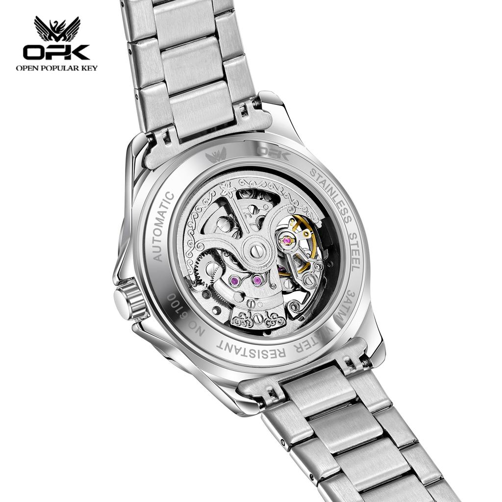 OPK Men's Luminous Waterproof Mechanical Watch Hollowed out See through Dial Stainless Steel Strap 6100