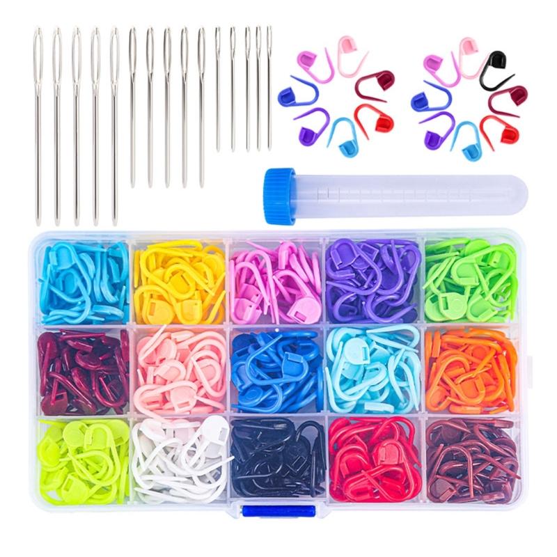 600/1500Pcs Stitching Markers with 20/75Pcs Large Eye Sewing Needle, Colorful Crochet Locking Markers Yarn Needle Set