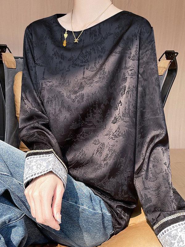 Spring New Heavy Embroidery Jacquard Long Sleeve Retro Chinese Style Round Neck Plus Size Women's Top