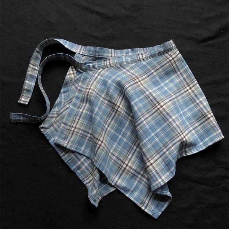 Unisex American Retro Plaid Layered Shirt with Irregular Hem and Tie Waist Design