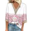 Women's Loose Casual Three-quarter Sleeve V-neck Lace Loose Christmas Print T-shirt Top