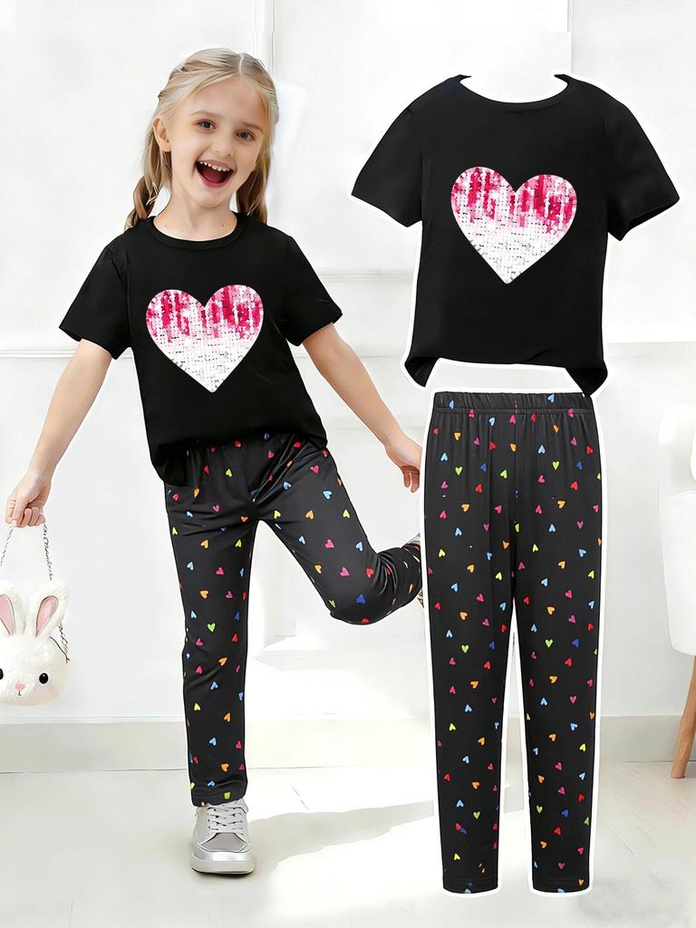 Girls' Summer Casual Short-Sleeve Long Pants Set - European & American Print