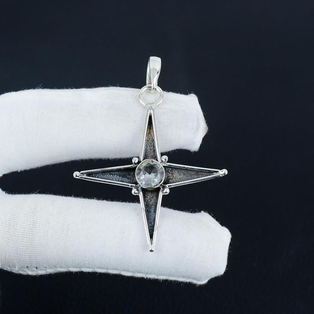White TopazGemstone Silver Pendant In 925 Sterling Silver - Handmade Star Design, Everyday Wear Jewelry, Unique Artisan Designs Pendant Love Gift