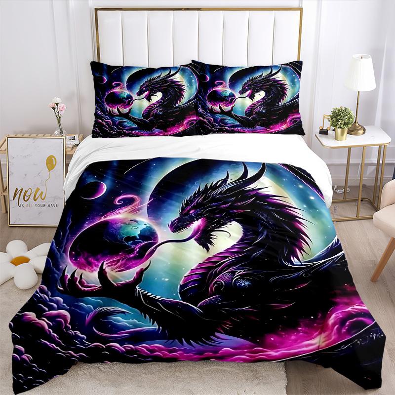 3pcs Galactic Dragon with Flames and Whiskers Pattern Bedding Three-Piece Set (1 Cover + 2 Pillowcases, No Fillings), This Printed Bedding S