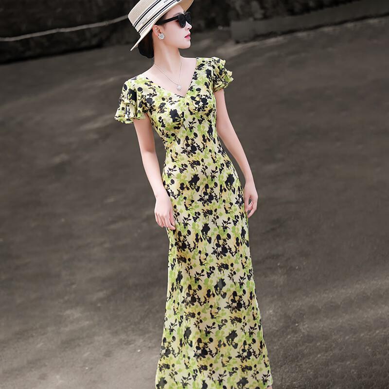 French Style Floral Print V-Neck Maxi Dress XL