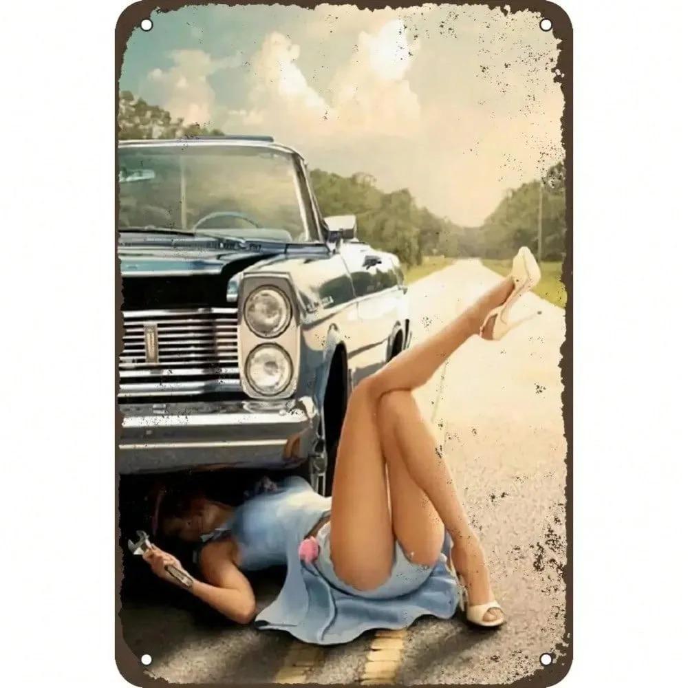 Vintage Metāla Pin Up Meitene Auto