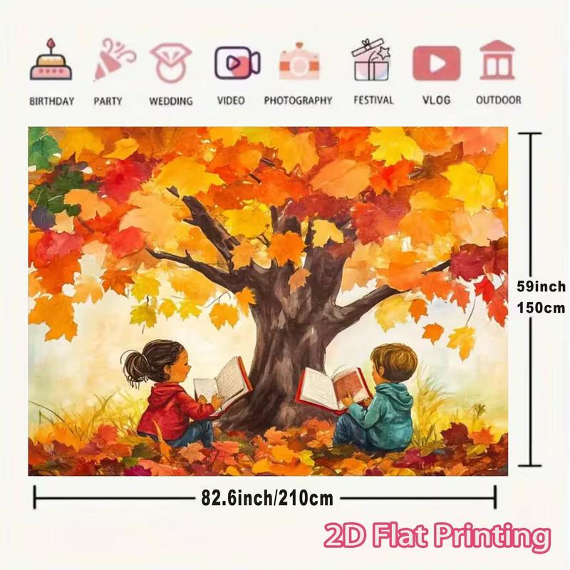 2D Herbst Lese Kinder Hintergrund, Herbstbaum Buch Szene Wandbehang