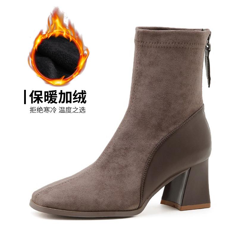 

Корейская версия замшевых ботильонов с квадратным носком для детей, новинка осени и зимы 2024 года, ботильоны на толстом каблуке в британском стиле, ботинки на молнии сзади для женщин 39