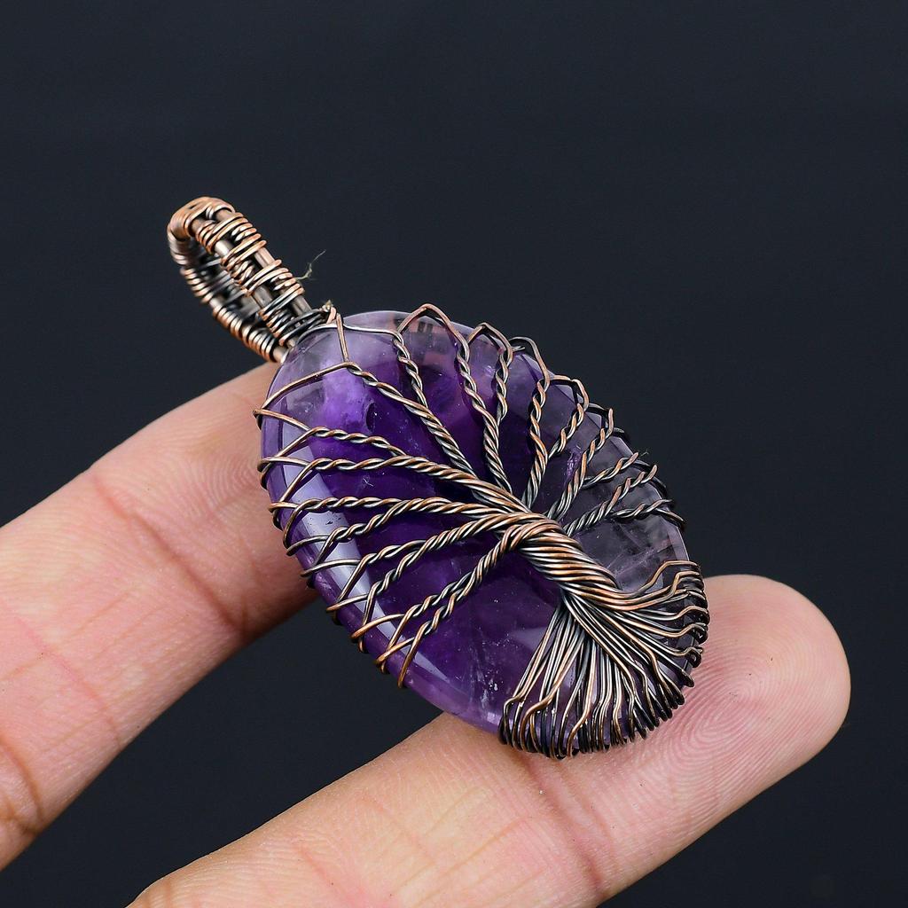 Tree Of Life Amethyst Gemstone Pure Copper Wire Wrapped Handmade Pendant Jewelry