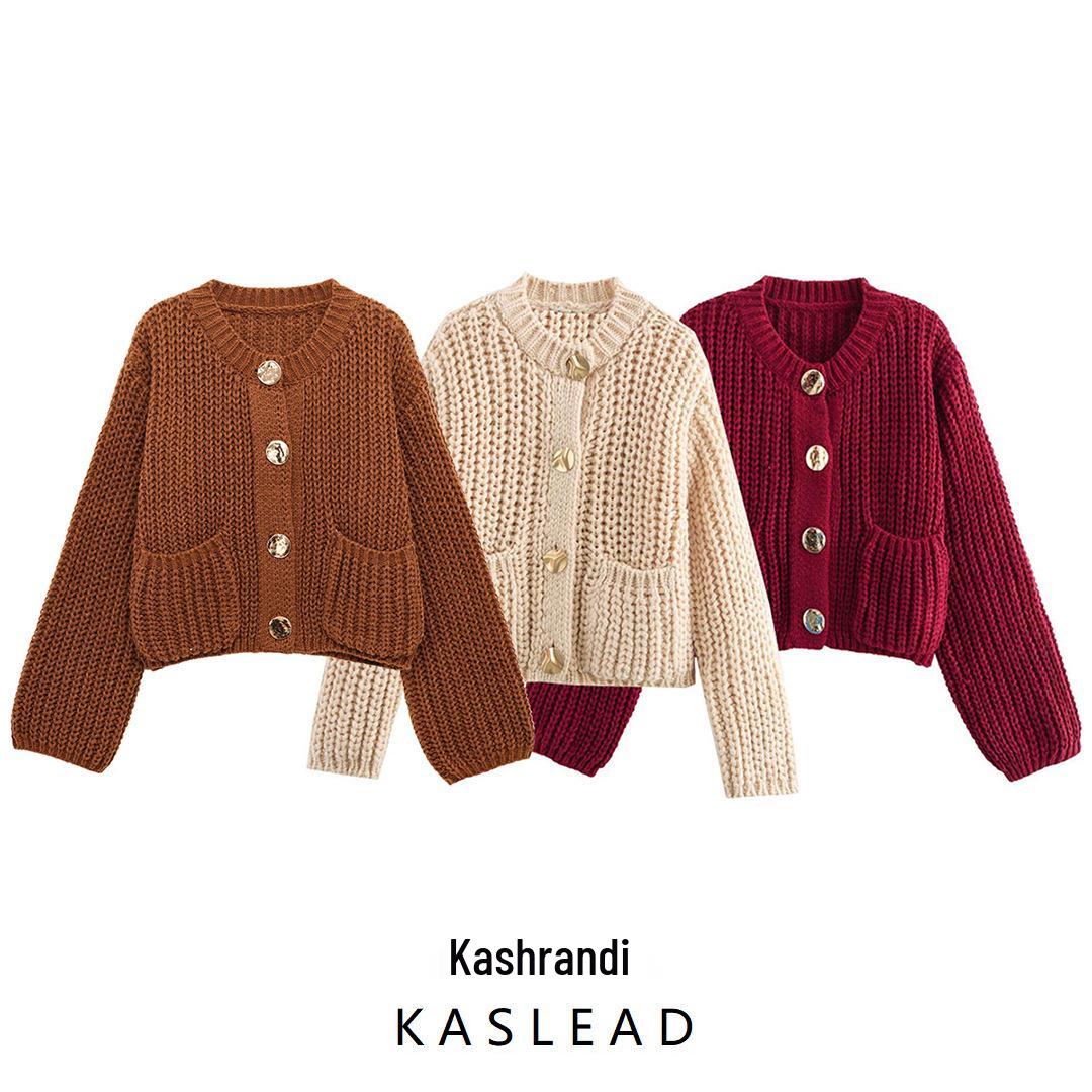 

2024 Winter Women s Fashion Simple Chunky Knit Cardigan with Big Buttons - European and American Style. Medium абрикосовий