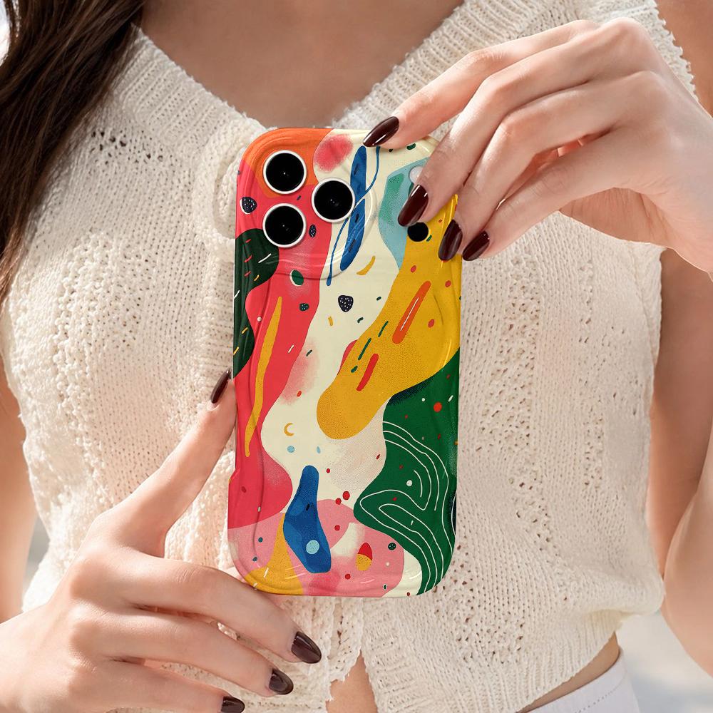 Abstract Color Block Doodle Phone Case For iPhone 17 16 15 14 13 12 11 Pro Max Plus Wavy Edge Protective Cover