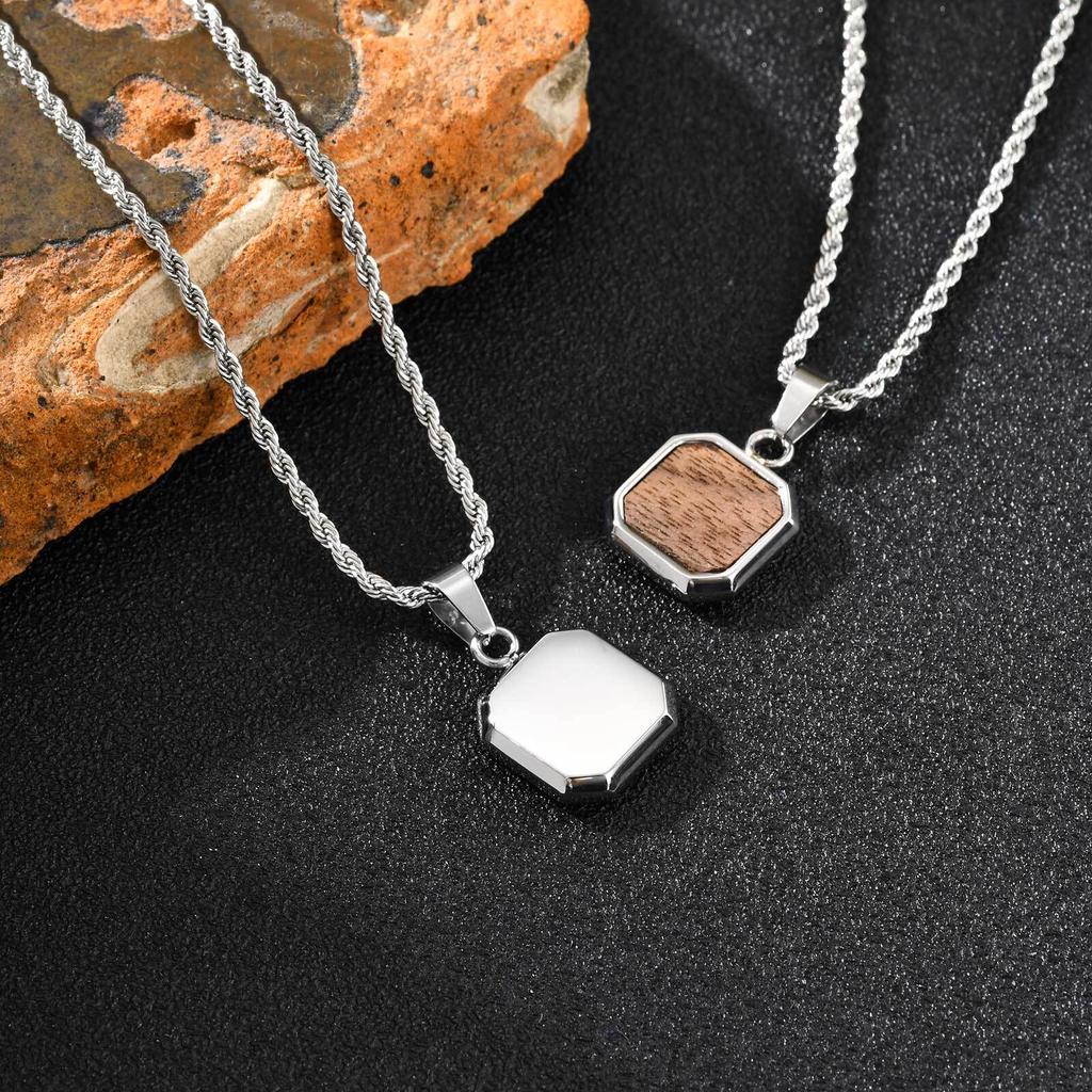 Vnox Quadratischer Holzanhänger Halskette aus Edelstahl mit gedrehter Kette, Wasserdicht Hypoallergen Minimalistischer Schmuck Geschenk für Männer