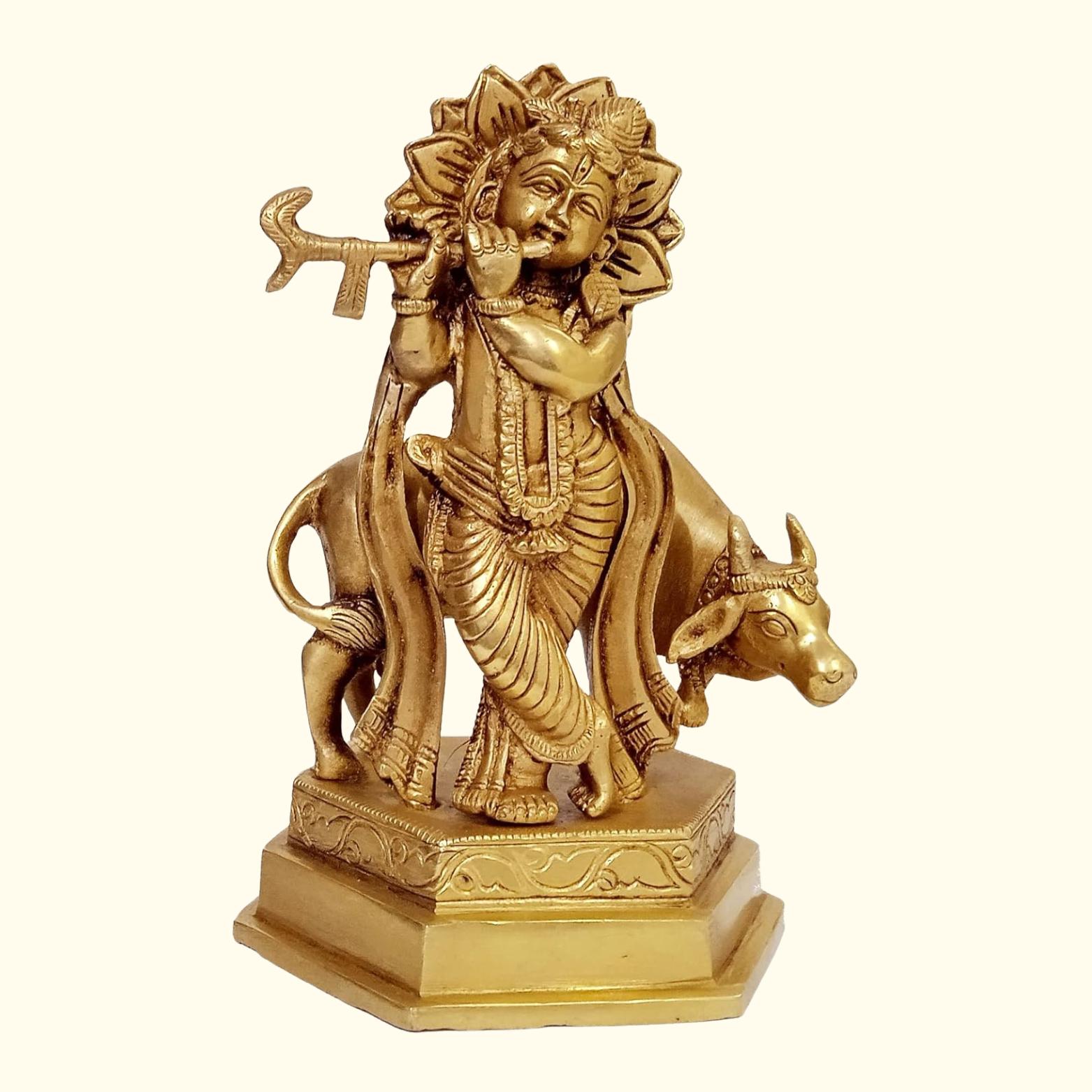 Pure Brass Krishna Idol With Divine Cow, Kanha Ji Collectible Statue, Golden