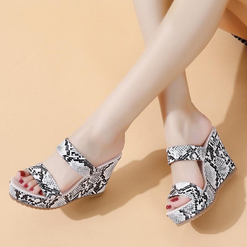 

Large size women s shoes summer new wedge heel fish mouth muffin wedge heel snake pattern cool slippers women 35