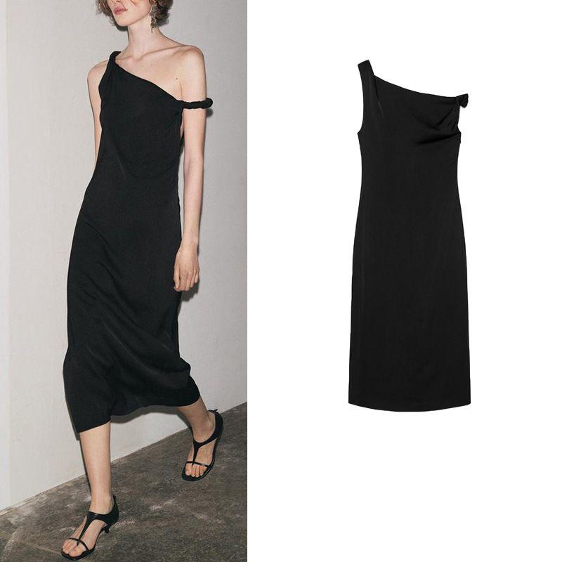 Summer New Product Women's Clothes French Evening Dress Black Diagonal Collar Silk Satin Texture Midi Skirt Dress 5289043