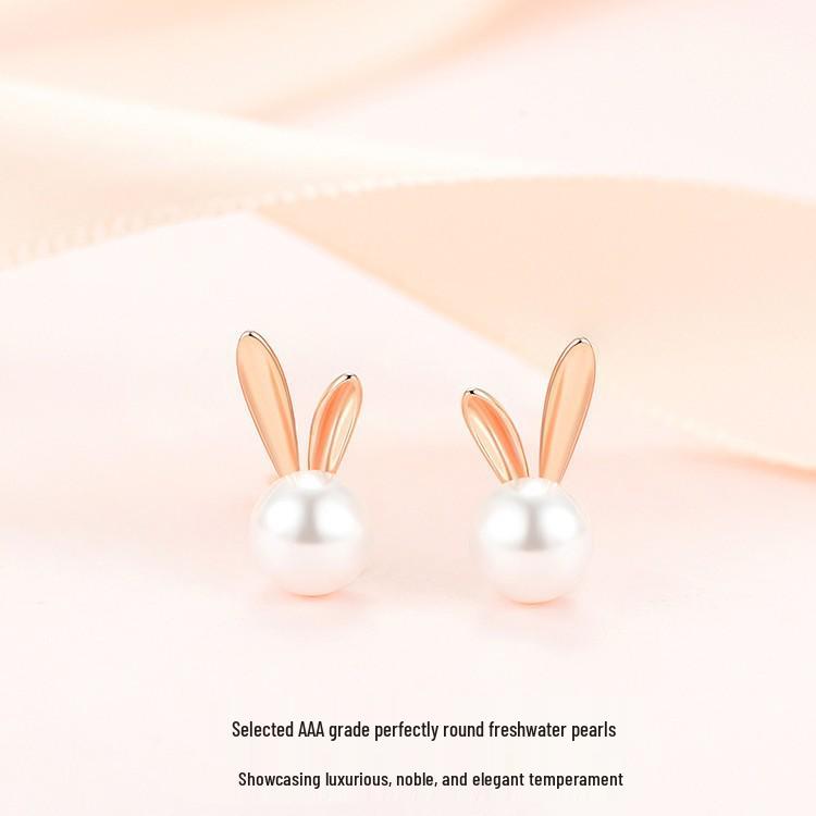 Sterling Silver Rabbit Pearl Stud Earrings with Zircon
