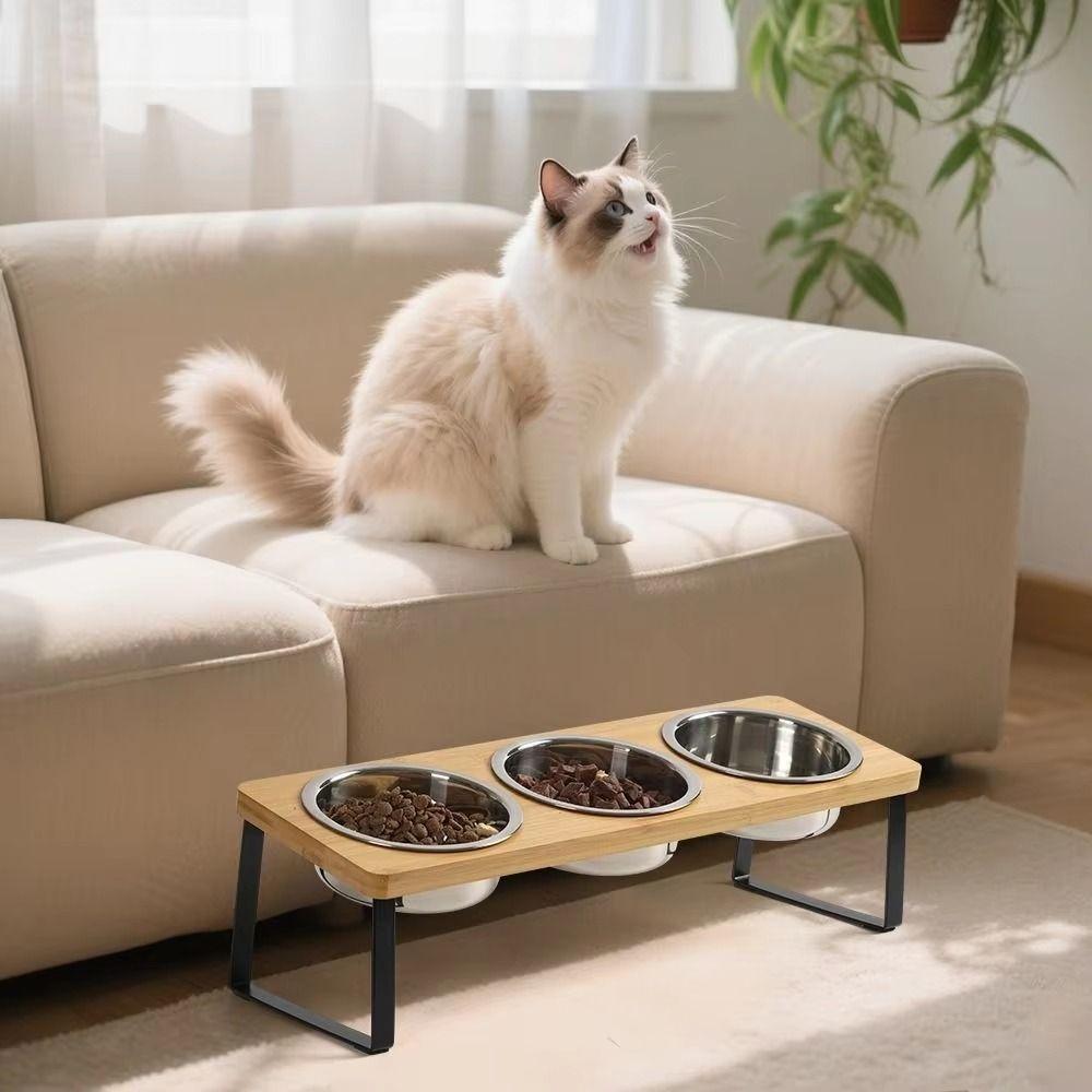 Non Slip Wood Pet Feeder Anti-Vomiting Anti-Leak Dog Water Feeding Dish 3 Bowls Stainless Steel Bowls Cat Bowl Stand Indoor Use