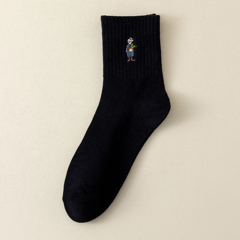 Men's Embroidered Long Cotton Socks - Autumn/Winter Mid-Tube Solid Color Sports Socks with Japanese Sunglasses Design.