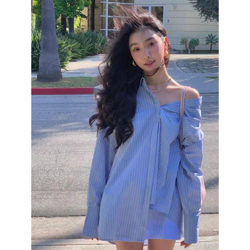 

Yi Mengling Same Style French Style Fancy Blue Stripes Shirt Female Stylish Loose and Lazy Style Sun Protection Top Stripes Shirt L