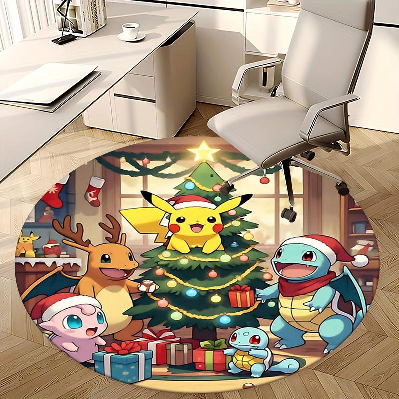 1pc Christmas Pikachu & Friends Round Carpet - Anime Design, Holiday Gift, Office Chair Mat, Non-Slip Rug for Home Decor, Living Room
