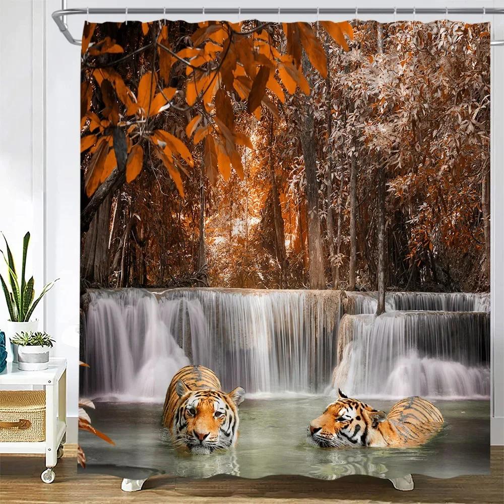 Autumn Waterfall Landscape Shower Curtains Forest Maple Red Leaves Plant Wild Tiger Fall Nature Scenery Cloth Bathroom Decor Set