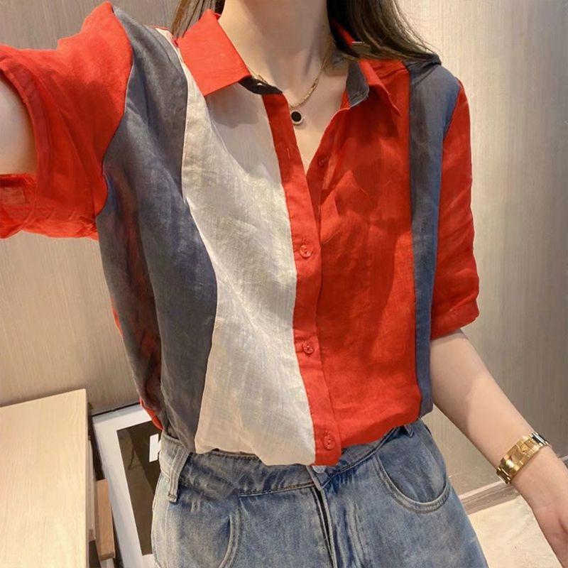 Temperament Splicing Contrasting Color Shirt for Women's Summer Design Niche and Age Reducing Versatile Short Sleeved Chiffon Top