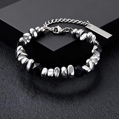 Fashion Hiphop Irregular Beaded Natural Stone Bracelets, Simple Vintage Stainless Steel Adjustable Bracelet for Men Jewelry
