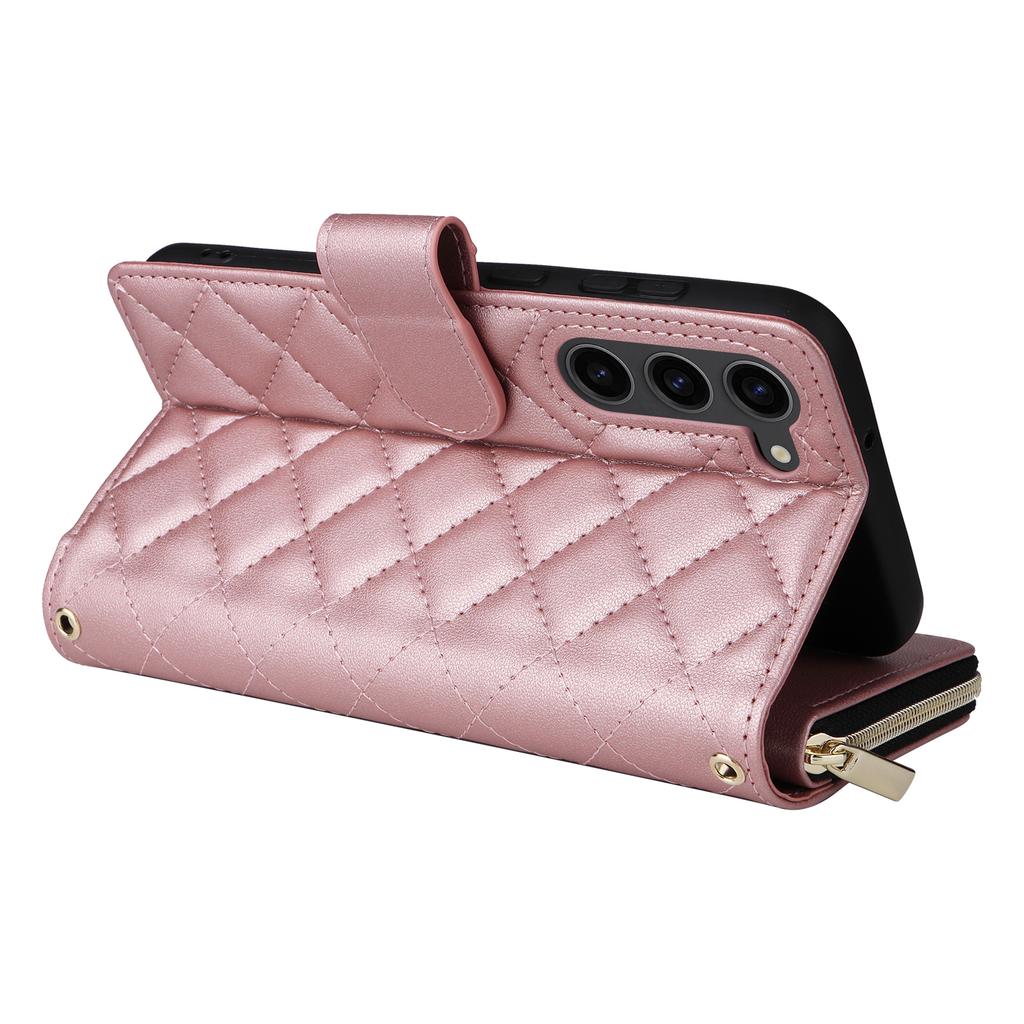 For Samsung Galaxy S23+ Case Rhombus Zipper Wallet Leather Phone Cover with Straps