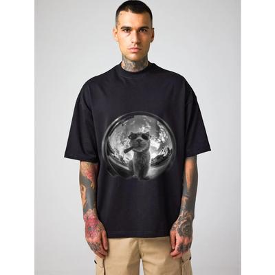 Oversized T Shirt Black Cat With Sunglasses And Cigar In Crystal Ball Print Casual Streetwear For Men