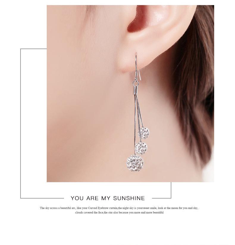 925 Sterling Silver Slim Long Tassel Rhinestone Ball Earrings for Women - Korean Fashion Dangle, Elegant & Versatile