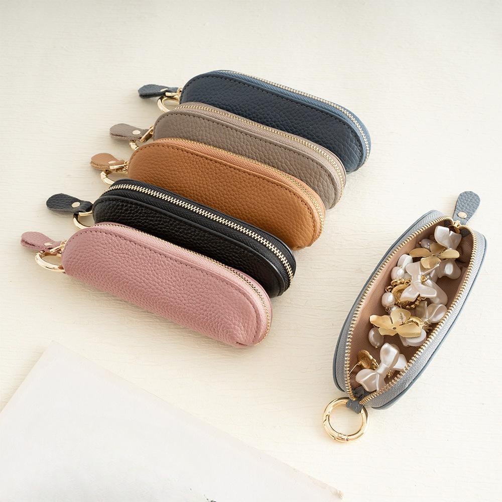 Handmade Japanese Style Leather Coin Pouch with Keychain Wallet for Women Mini Jewelry Money Key Earphone Organizer Bag Purse