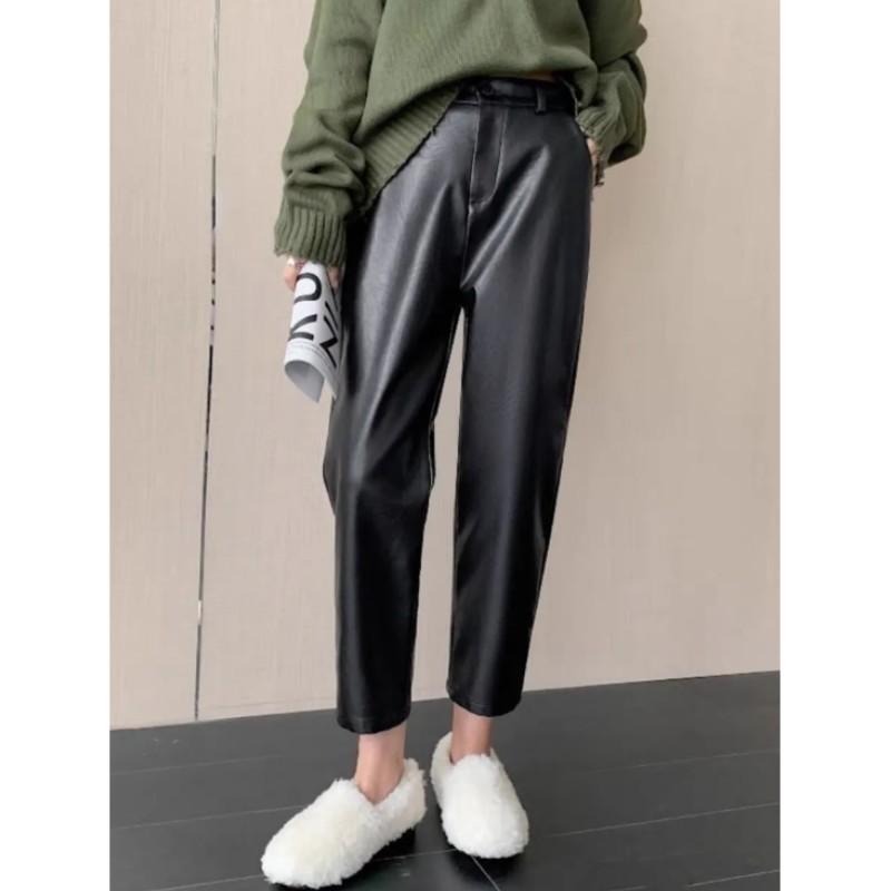 

Женские осенне-зимние брюки из ПУ кожи, высокая эластичная талия, черный цвет, брюки-шаровары, женские брюки XXS