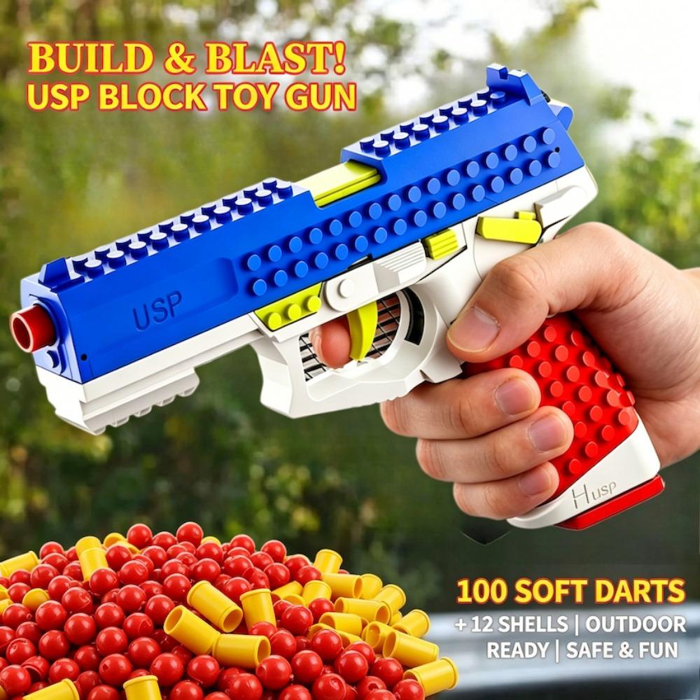 DIY Bricks Assemble USP Soft Bullet Gun Toy Safe Foam Dart Outdoor Shooting Game Toy Perfect Birthday Gifts for Children