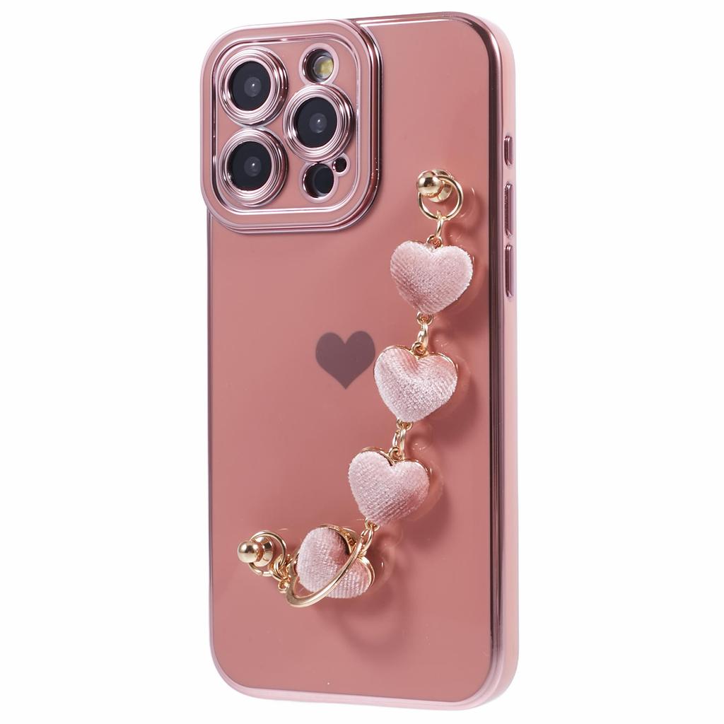 For iPhone 13 Pro Case Electroplating Edge Heart Pattern TPU Phone Cover with Strap