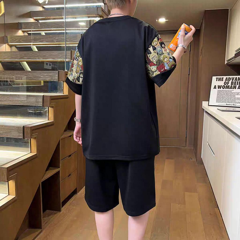 Men's Casual Loose Cartoon Bear Patchwork T-shirt and Shorts Set