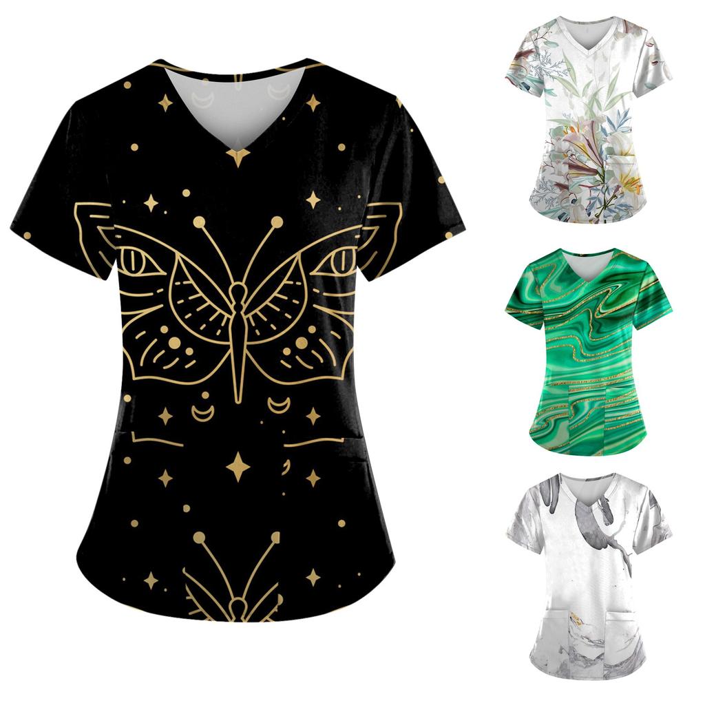 Women Fashion Spring And Summer Oil Painting Print V-neck Short Sleeve Workwear With Pockets Tops