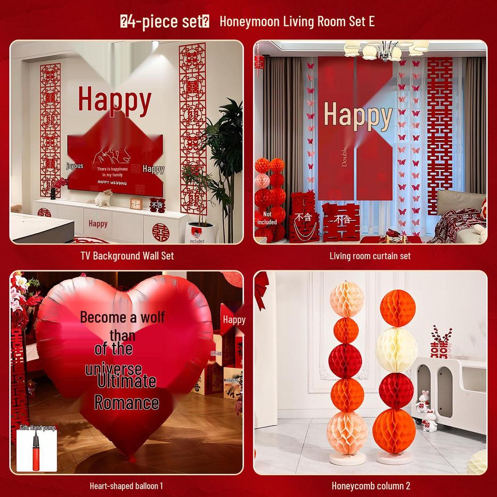 Wedding Room Décor Set: Bride & Groom Bedside Background with Pull Flowers & Double Happiness KT Board