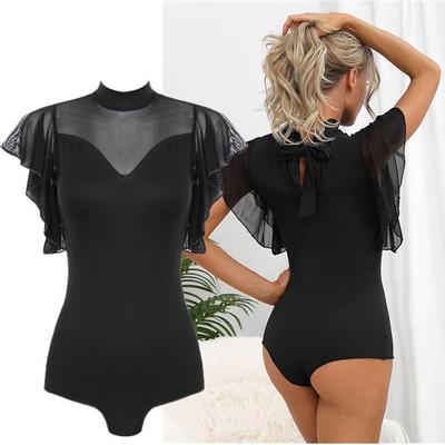 Women Girls Ruffle Mesh Gymnastics Leotard Keyhole Press Button Bodysuit Tops Ballet Dancewear Dance Training Clothes