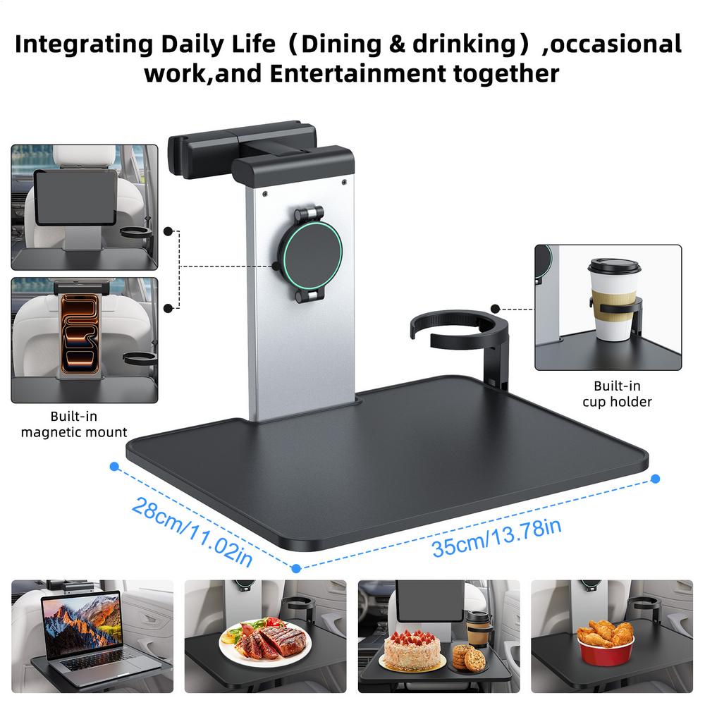 

Car Back Seat Foldable Dining Table Large Capacity Vehicle Food Tray with Cup Holders Thickened Material Stable Auto Accessory чёрный