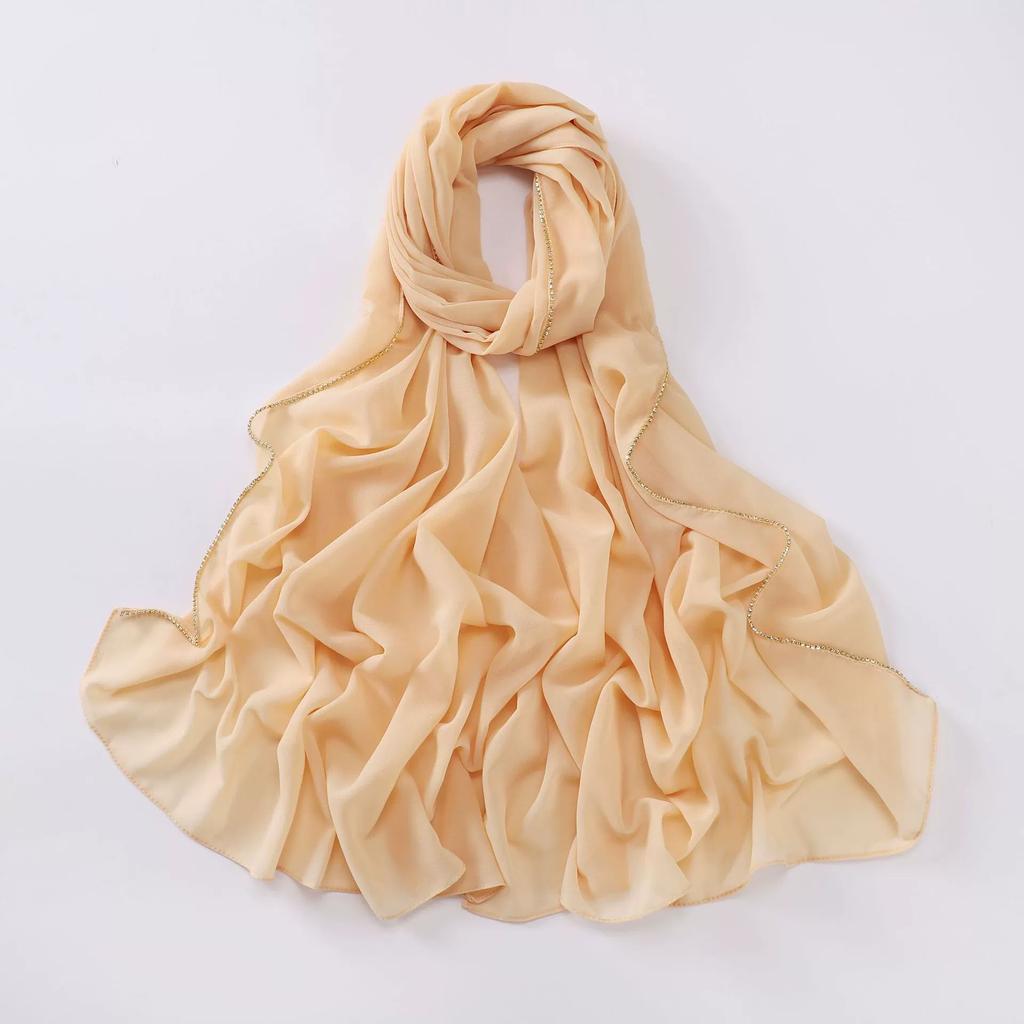 New Pearl Chiffon Hijab Scarf Copper Chain With Black Crystal Pearls Women Muslim Fashion Hijabs For Women Ramadan Turban Femme