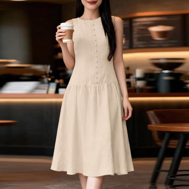 ZANZEA Women Casual Round Neck Solid Color Summer Sleeveless Dress S абрикосовый