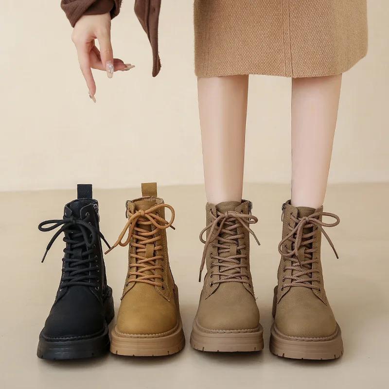 Women's Fashion Boots Retro Leather Ankle Boots Women Luxury Soft Sole Short Boots New Platform Non-slip Round Toe