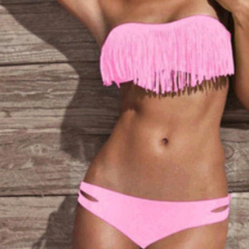 Bikini Sexy Estivo di Qualità Premium con Spacco, Monocolore, Frange, Schiena Scoperta, Costume da Bagno, Set Retrò per uno Stile Definitivo