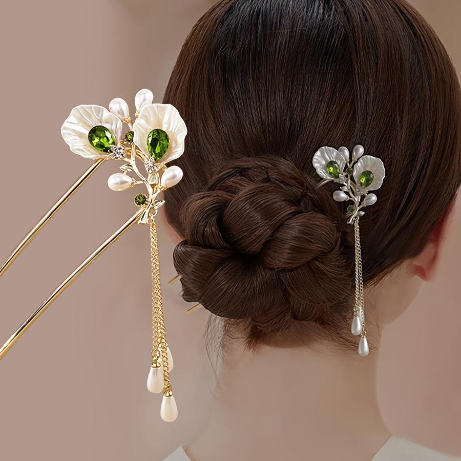 Flower hairpin, pearl and green bead tassel hair accessory, exquisite new Chinese style hair accessory hairpin